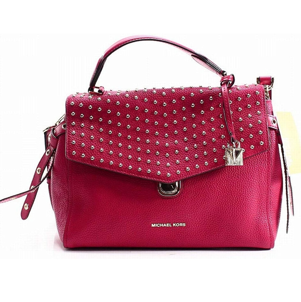 Michael Kors Bristol Medium Leather Studded Satchel Handbag Crossbody Red Purse